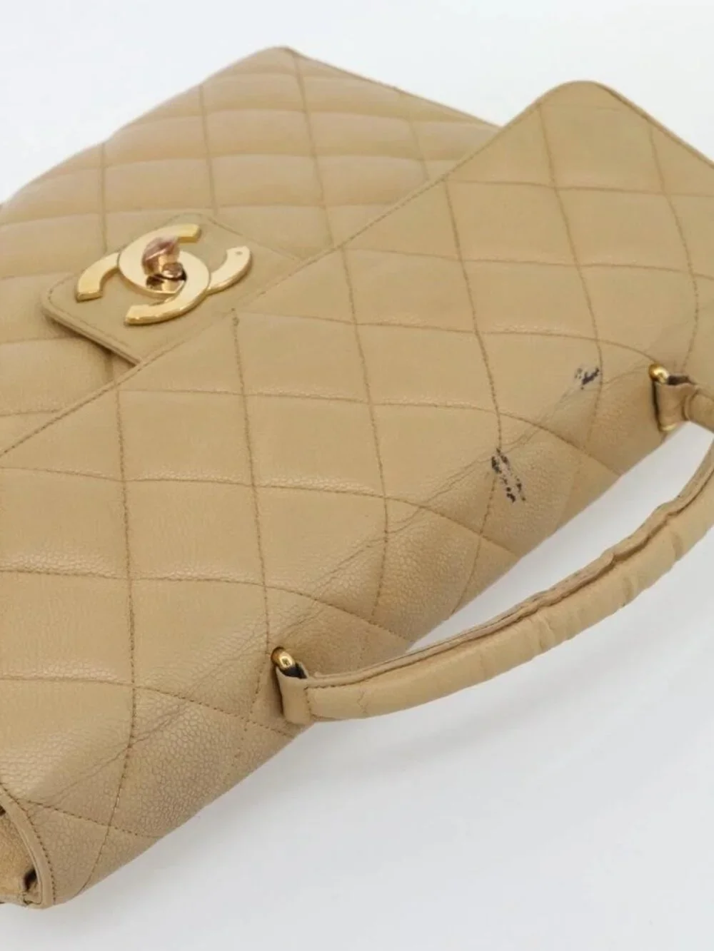 CHANEL Matelasse Business Bag Grained Calf Skin Beige Gold CC Auth bs35346